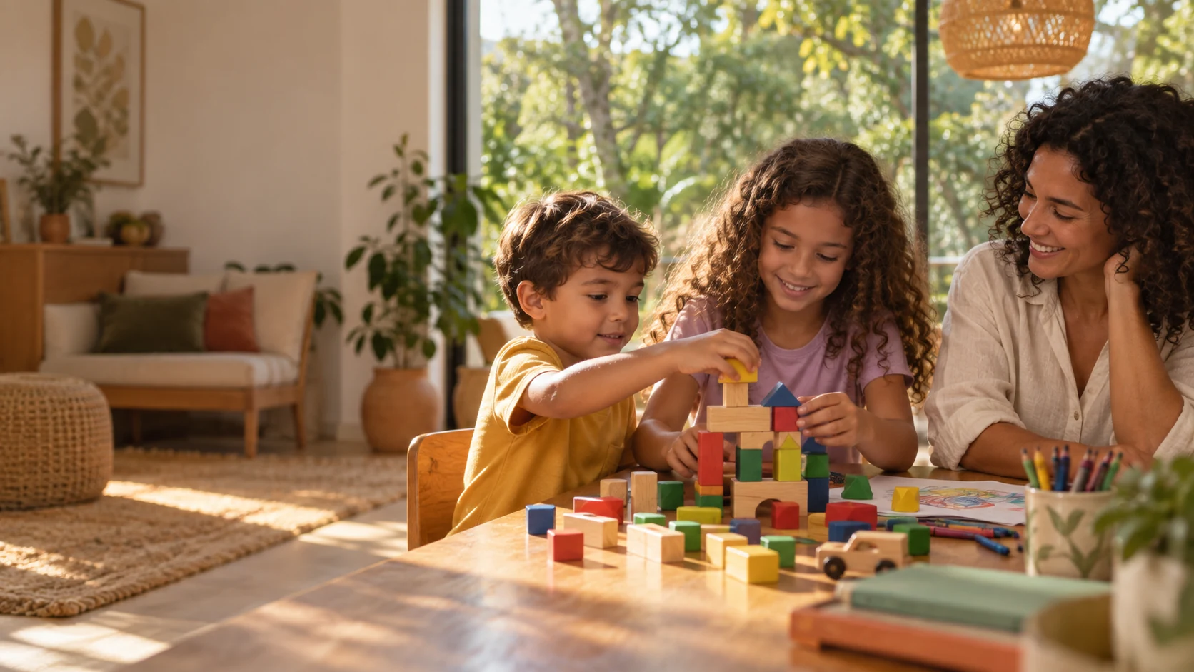 Imagem ilustrativa de crianças construindo e brincando com o apoio de sua mãe